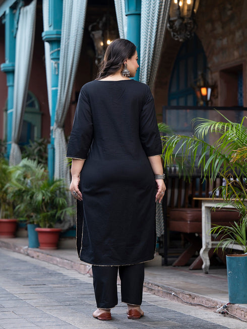 Women Plus Size Black Pure Cotton Kurta Set With Dupatta